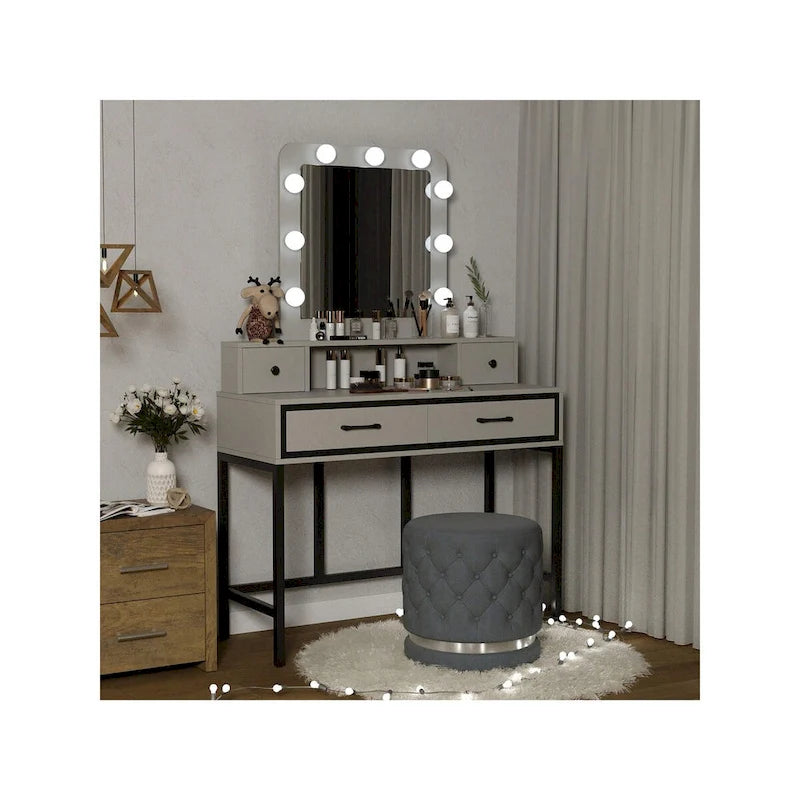 Makeup Vanity Table with LED Mirror, 3-Color Dimmable Light and 4 Drawers