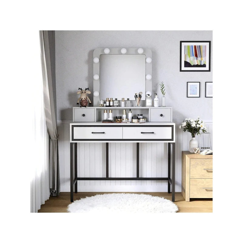 Makeup Vanity Table with LED Mirror, 3-Color Dimmable Light and 4 Drawers