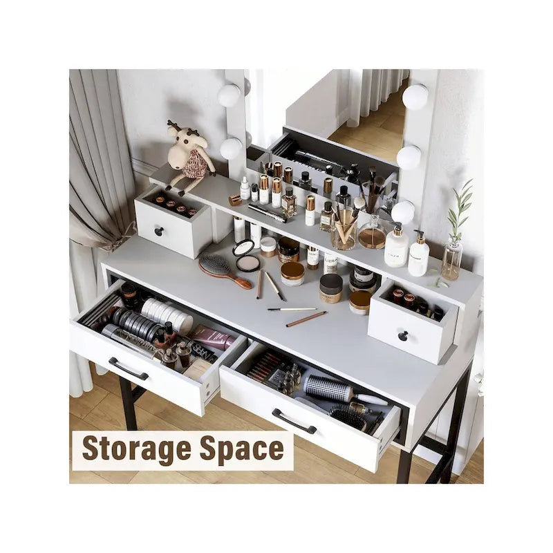 Makeup Vanity Table with LED Mirror, 3-Color Dimmable Light and 4 Drawers