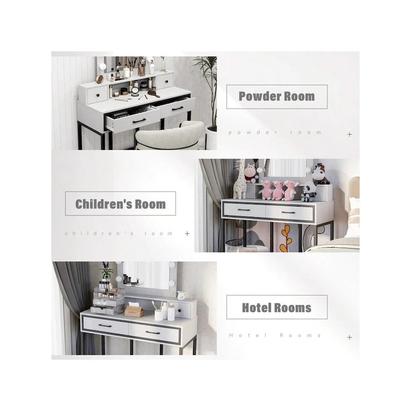 Makeup Vanity Table with LED Mirror, 3-Color Dimmable Light and 4 Drawers