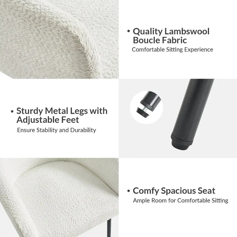 Modern Boucle Fabric Dining Chair with Metal Legs and Adjustable Feet, Set of 4