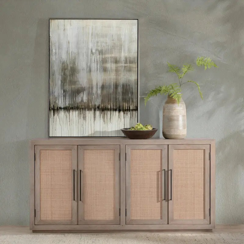 Solid Mango Wood Buffet Sideboard with Cane Door Panels and Adjustable Shelves