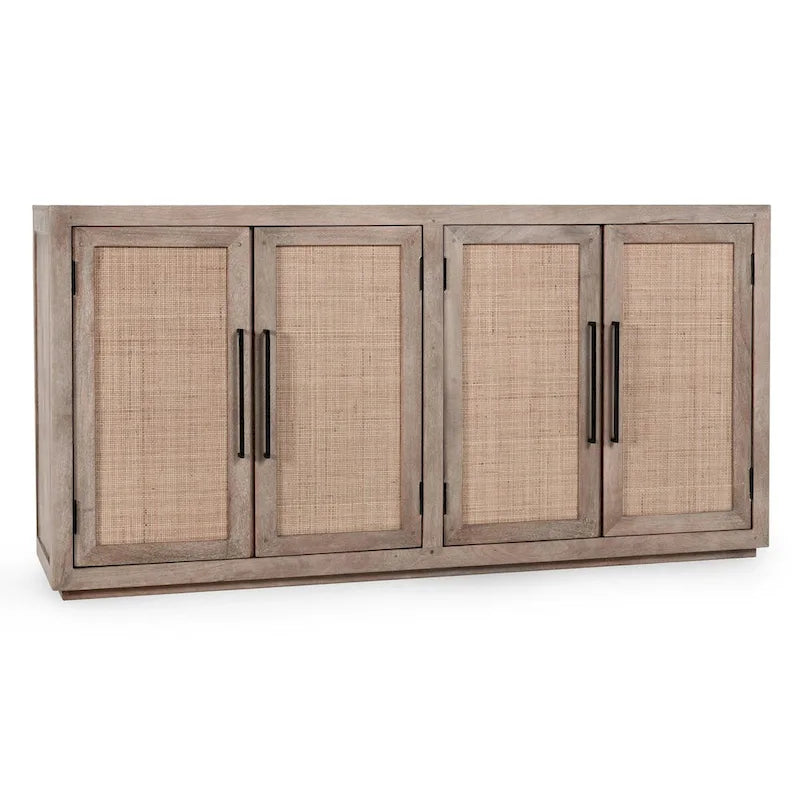 Solid Mango Wood Buffet Sideboard with Cane Door Panels and Adjustable Shelves