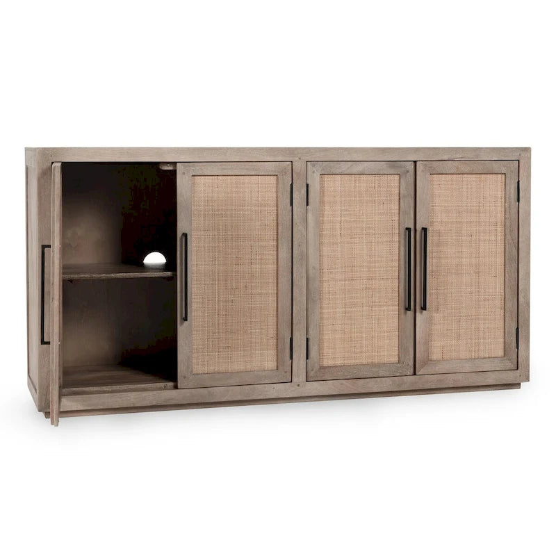 Solid Mango Wood Buffet Sideboard with Cane Door Panels and Adjustable Shelves