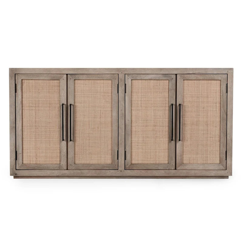 Solid Mango Wood Buffet Sideboard with Cane Door Panels and Adjustable Shelves