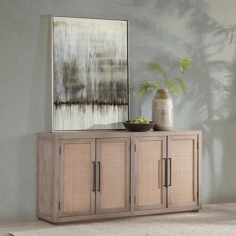 Solid Mango Wood Buffet Sideboard with Cane Door Panels and Adjustable Shelves
