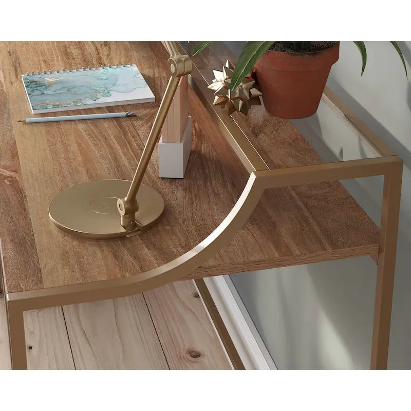 Writing Desk with Glass Shelf, Metal Frame and Satin Gold Finish