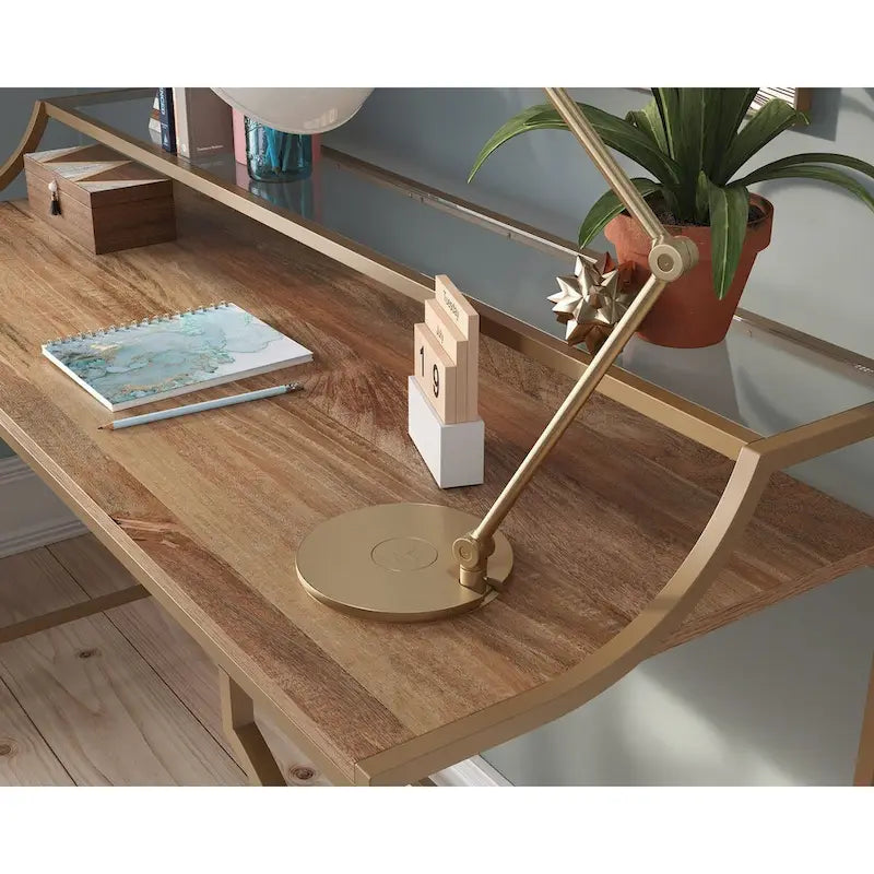 Writing Desk with Glass Shelf, Metal Frame and Satin Gold Finish