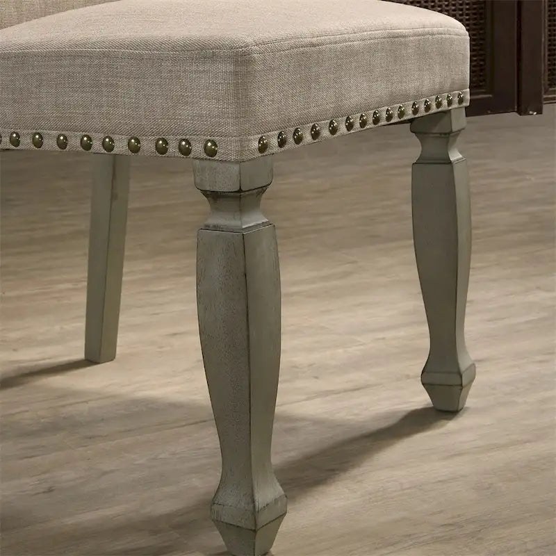 Upholstered Dining Chair with Nailhead Trim and Antique Gray Wood Legs, Set of 2