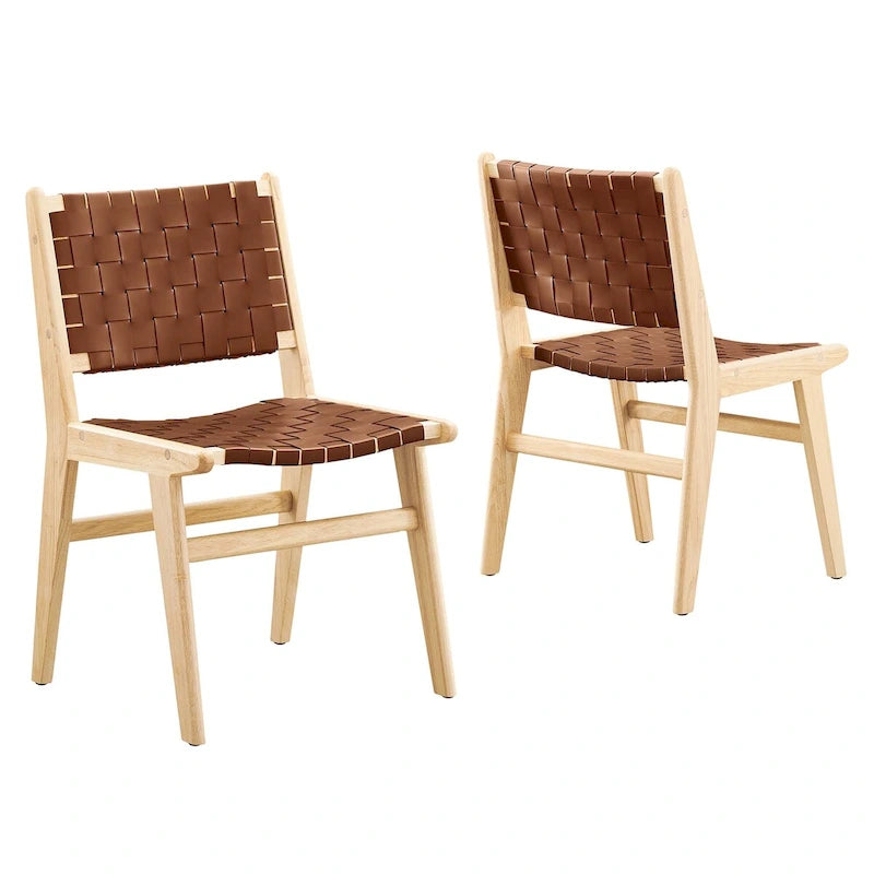 Woven Faux Leather Dining Side Chair with Rubberwood Frame, Set of 2