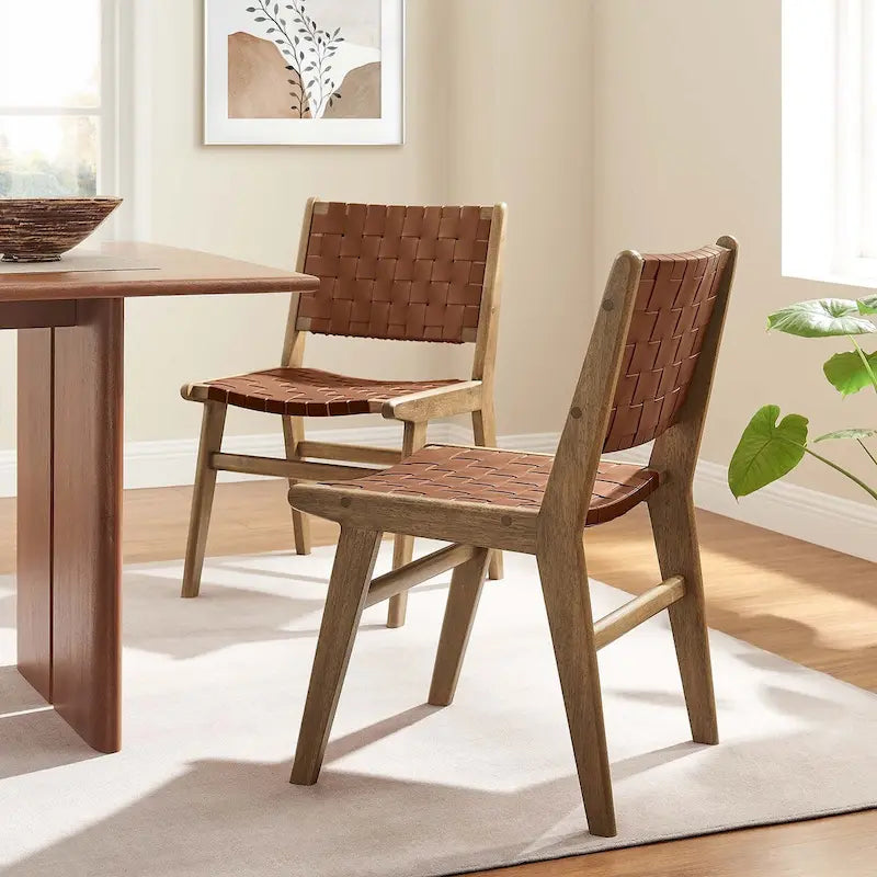 Woven Faux Leather Dining Side Chair with Rubberwood Frame, Set of 2