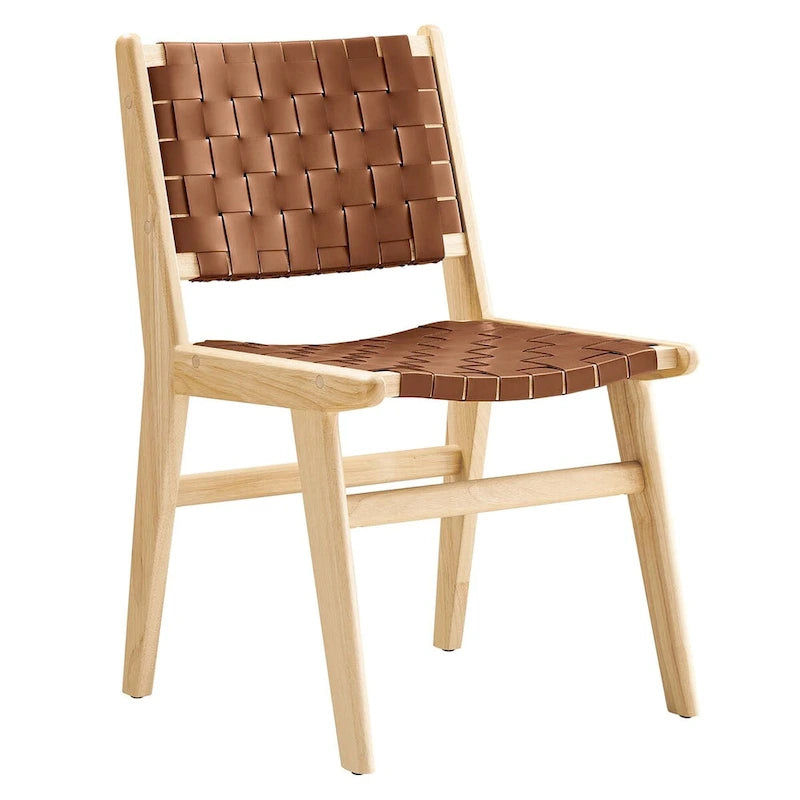 Woven Faux Leather Dining Side Chair with Rubberwood Frame, Set of 2