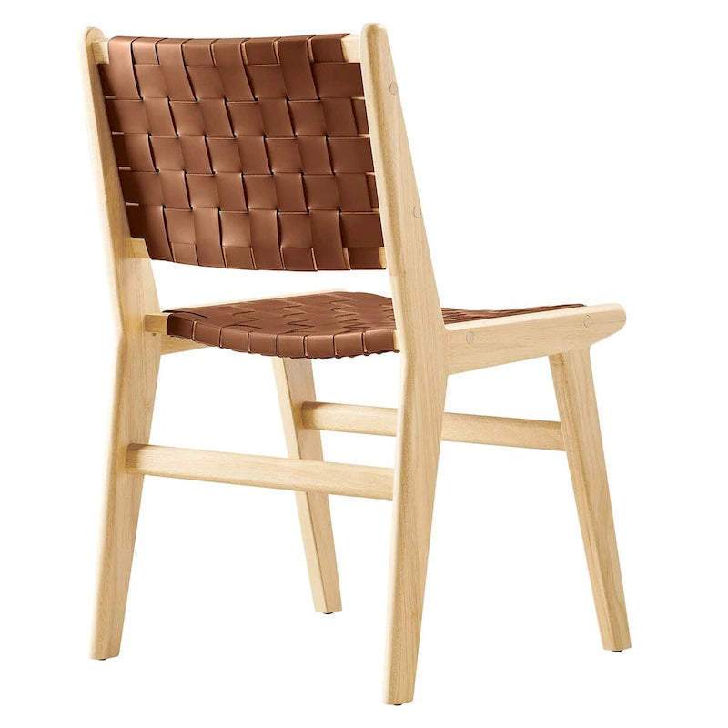 Woven Faux Leather Dining Side Chair with Rubberwood Frame, Set of 2