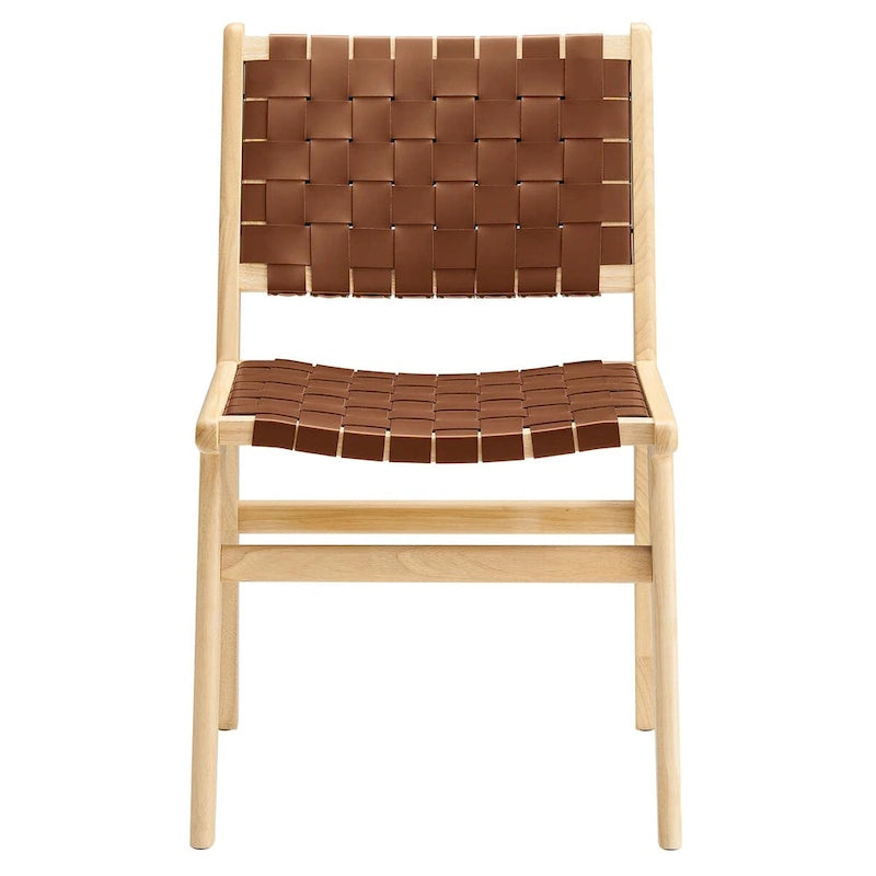 Woven Faux Leather Dining Side Chair with Rubberwood Frame, Set of 2