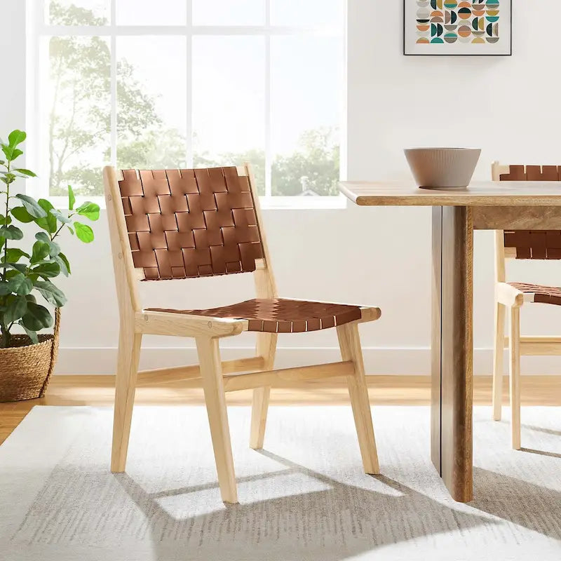 Woven Faux Leather Dining Side Chair with Rubberwood Frame, Set of 2