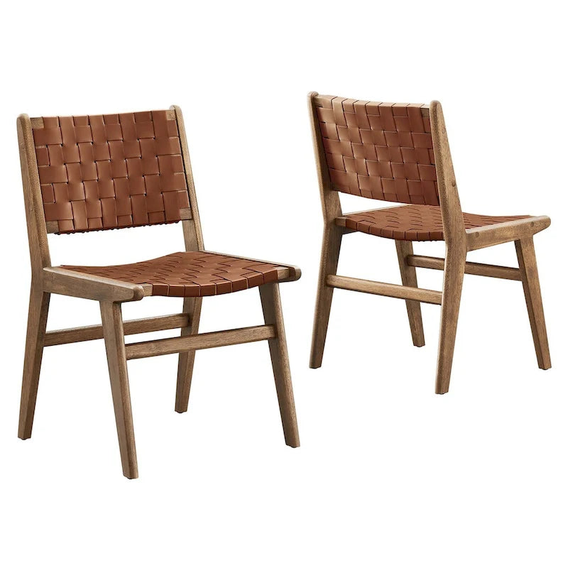 Woven Faux Leather Dining Side Chair with Rubberwood Frame, Set of 2