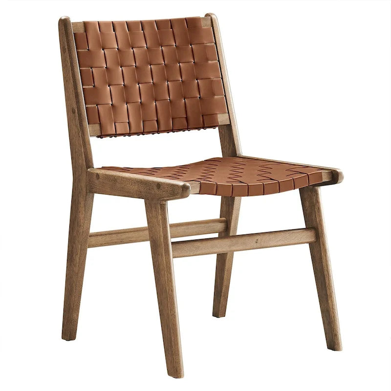 Woven Faux Leather Dining Side Chair with Rubberwood Frame, Set of 2