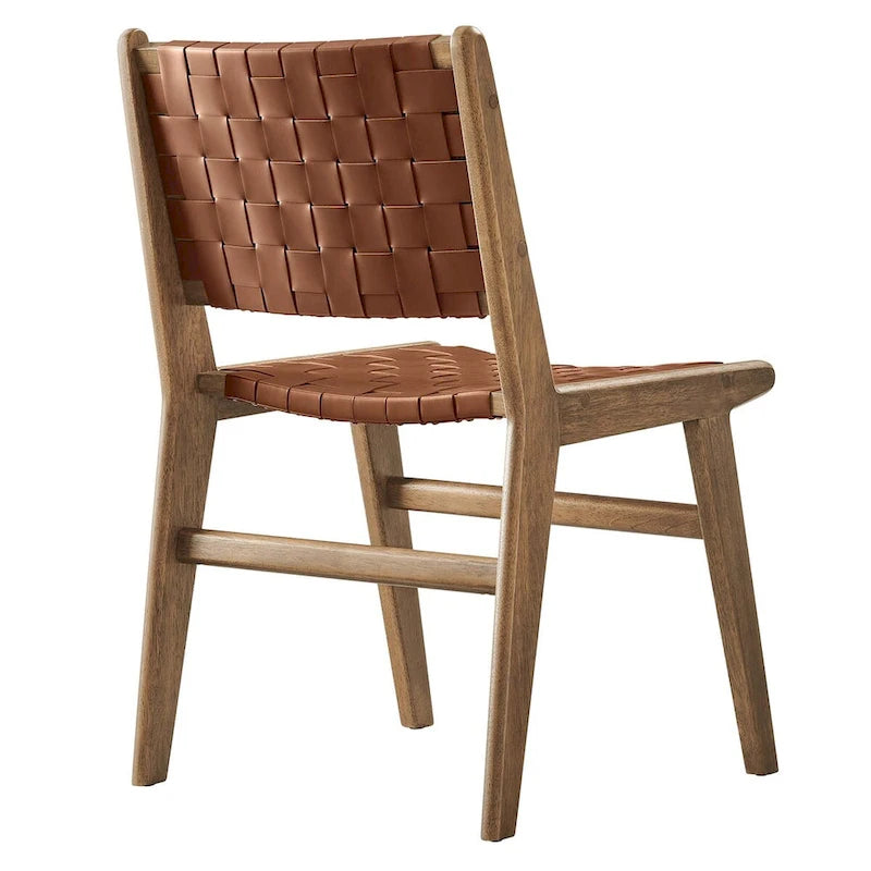 Woven Faux Leather Dining Side Chair with Rubberwood Frame, Set of 2