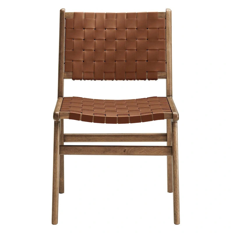 Woven Faux Leather Dining Side Chair with Rubberwood Frame, Set of 2