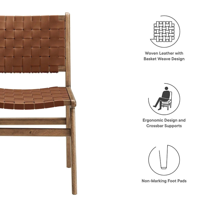 Woven Faux Leather Dining Side Chair with Rubberwood Frame, Set of 2