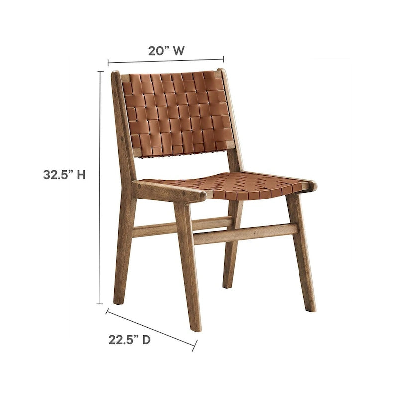 Woven Faux Leather Dining Side Chair with Rubberwood Frame, Set of 2