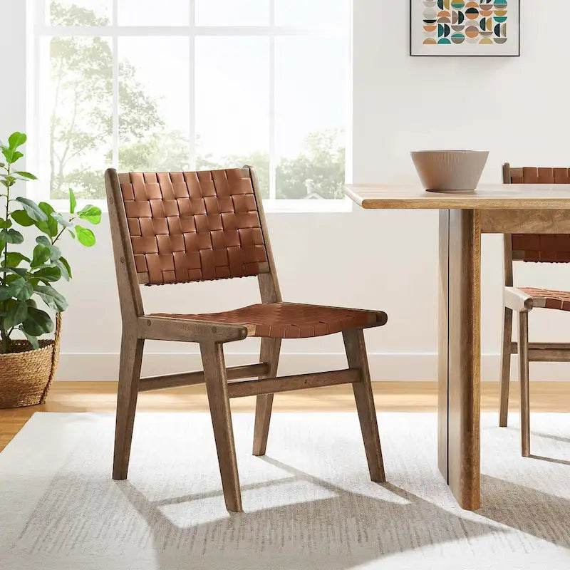Woven Faux Leather Dining Side Chair with Rubberwood Frame, Set of 2