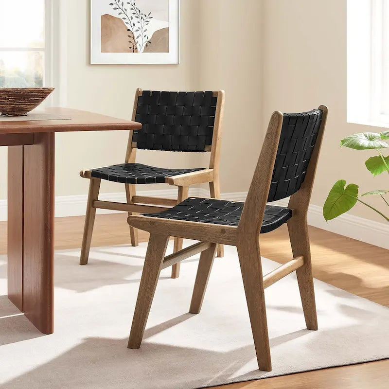 Woven Faux Leather Dining Side Chair with Rubberwood Frame, Set of 2