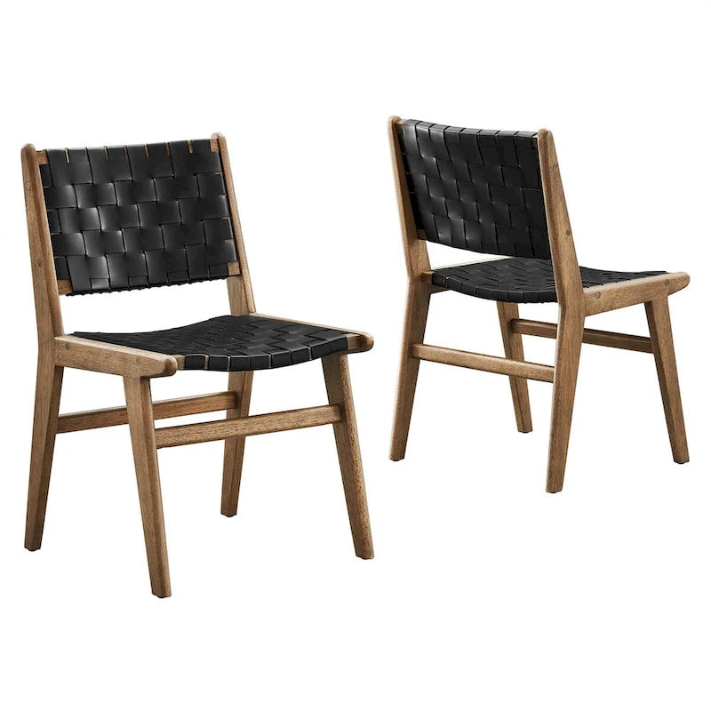 Woven Faux Leather Dining Side Chair with Rubberwood Frame, Set of 2