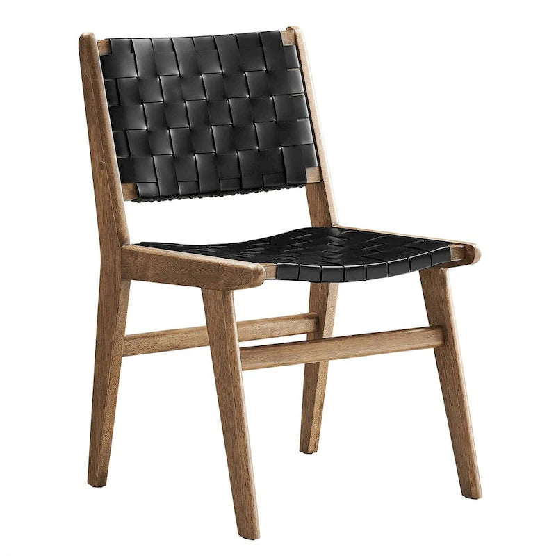 Woven Faux Leather Dining Side Chair with Rubberwood Frame, Set of 2