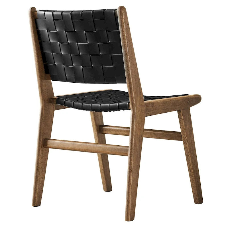 Woven Faux Leather Dining Side Chair with Rubberwood Frame, Set of 2