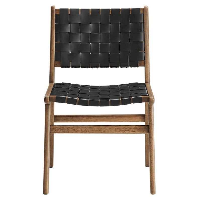 Woven Faux Leather Dining Side Chair with Rubberwood Frame, Set of 2