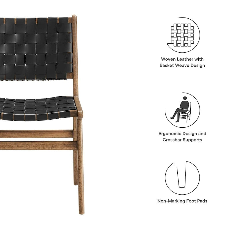 Woven Faux Leather Dining Side Chair with Rubberwood Frame, Set of 2