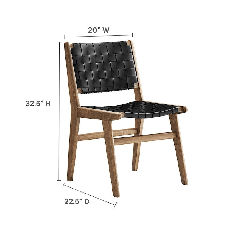 Woven Faux Leather Dining Side Chair with Rubberwood Frame, Set of 2
