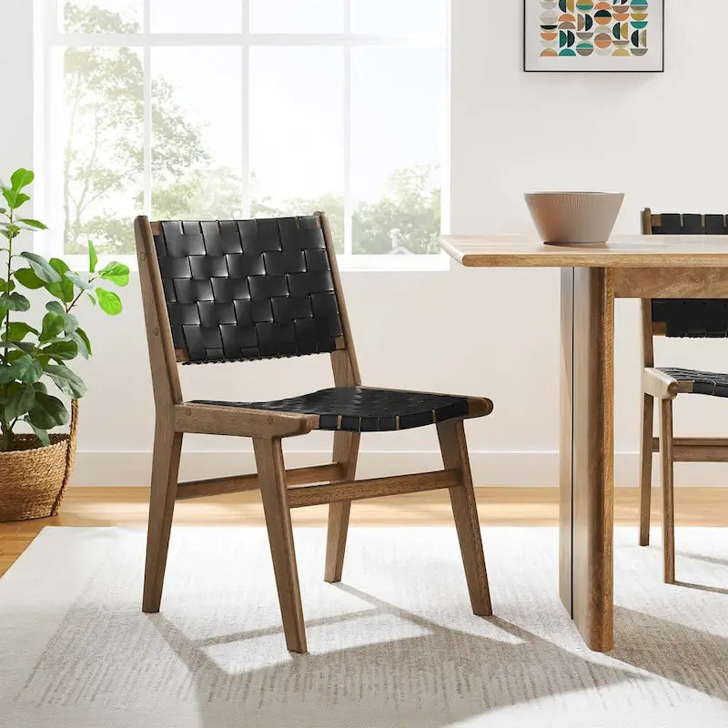 Woven Faux Leather Dining Side Chair with Rubberwood Frame, Set of 2