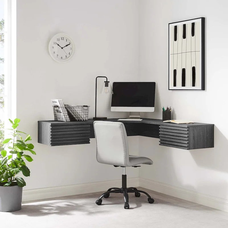 Wall Mount Corner Office Desk with Two Drawers and Wood Grain Finish