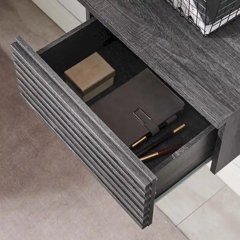 Wall Mount Corner Office Desk with Two Drawers and Wood Grain Finish