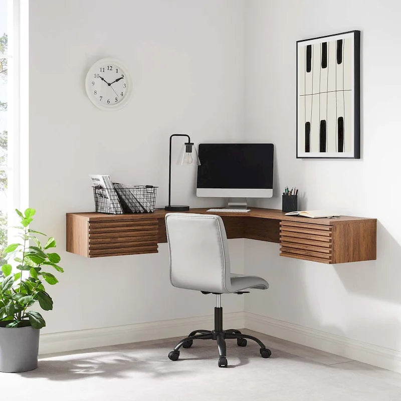 Wall Mount Corner Office Desk with Two Drawers and Wood Grain Finish
