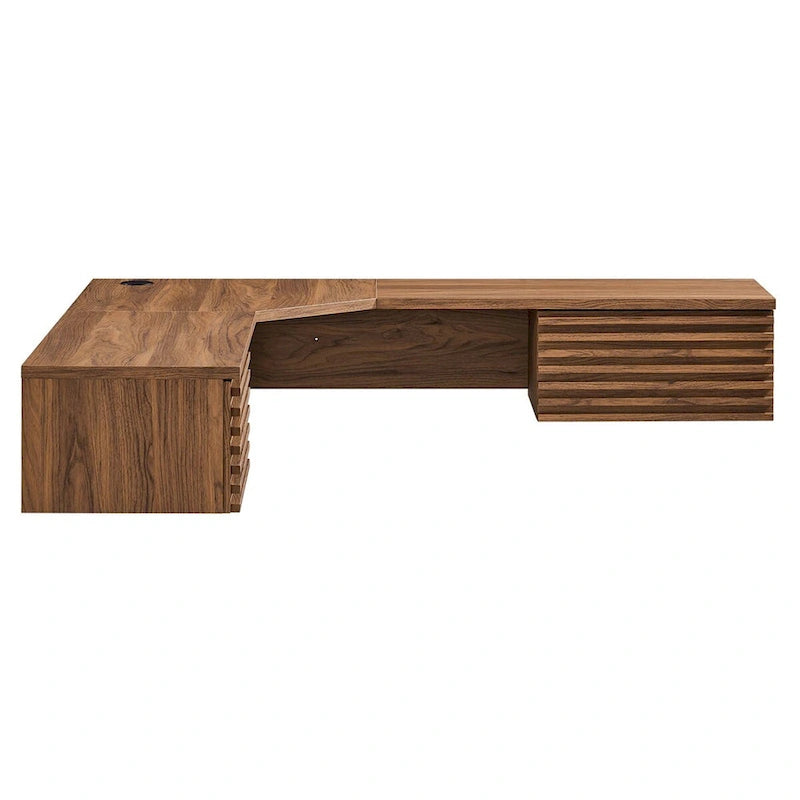 Wall Mount Corner Office Desk with Two Drawers and Wood Grain Finish