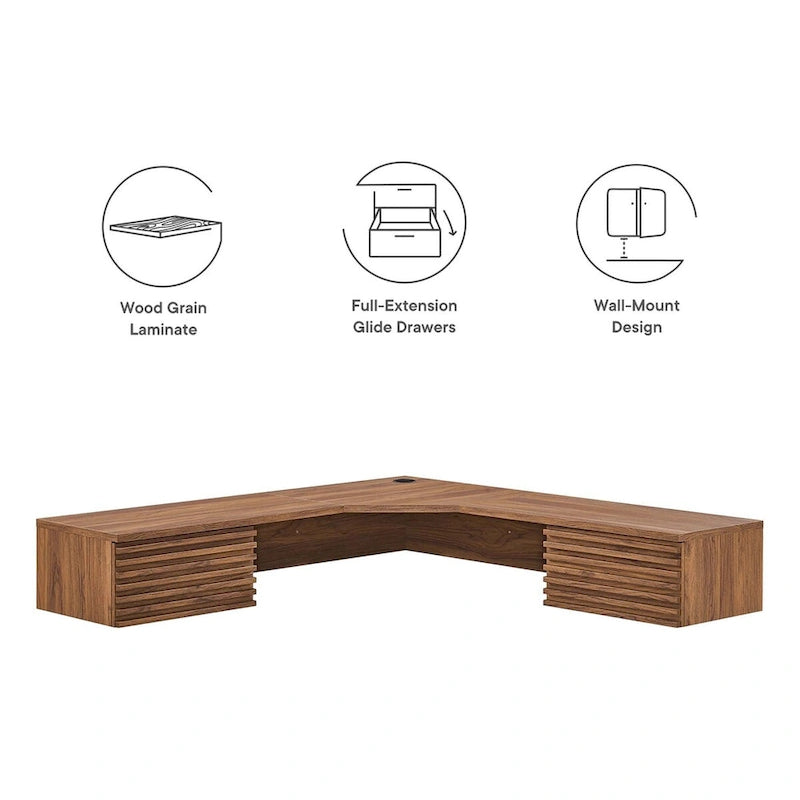 Wall Mount Corner Office Desk with Two Drawers and Wood Grain Finish