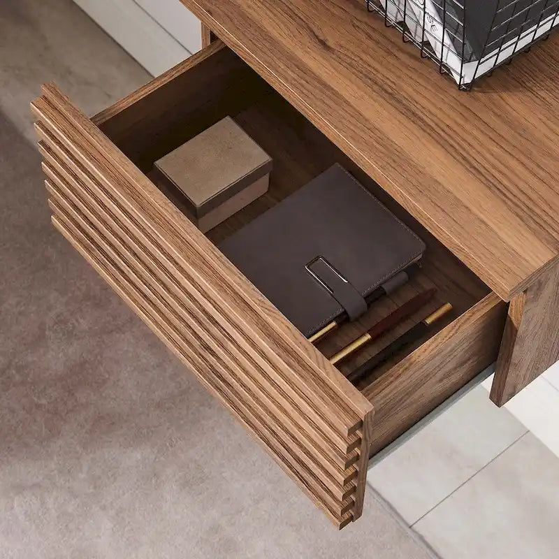 Wall Mount Corner Office Desk with Two Drawers and Wood Grain Finish