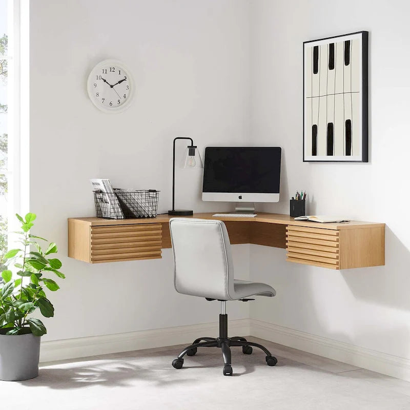 Wall Mount Corner Office Desk with Two Drawers and Wood Grain Finish