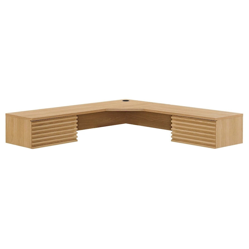 Wall Mount Corner Office Desk with Two Drawers and Wood Grain Finish