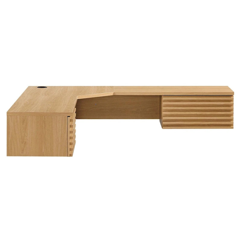 Wall Mount Corner Office Desk with Two Drawers and Wood Grain Finish