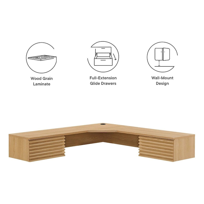 Wall Mount Corner Office Desk with Two Drawers and Wood Grain Finish