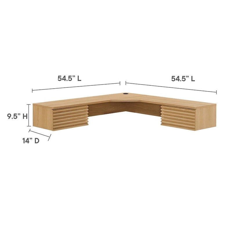 Wall Mount Corner Office Desk with Two Drawers and Wood Grain Finish