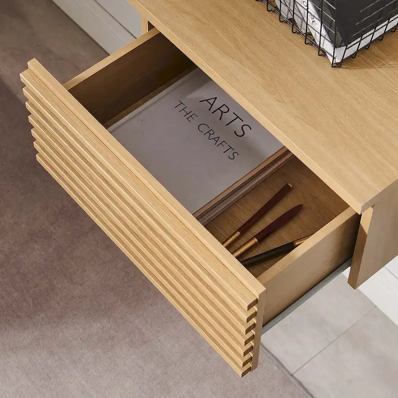 Wall Mount Corner Office Desk with Two Drawers and Wood Grain Finish