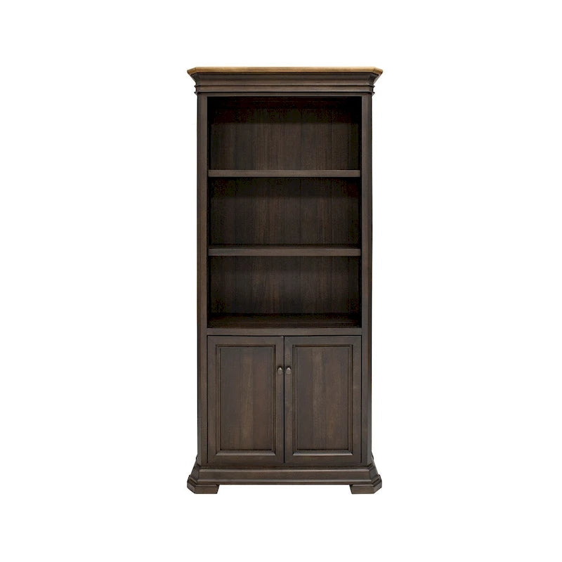 Executive Bookcase with Doors, Dark Brown Wood Finish, Fully Assembled
