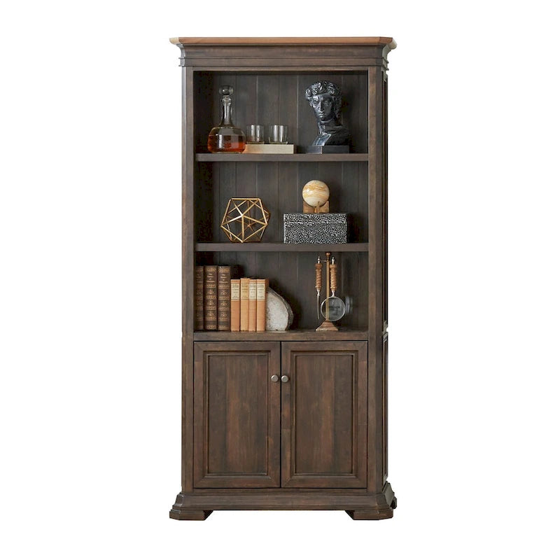 Executive Bookcase with Doors, Dark Brown Wood Finish, Fully Assembled