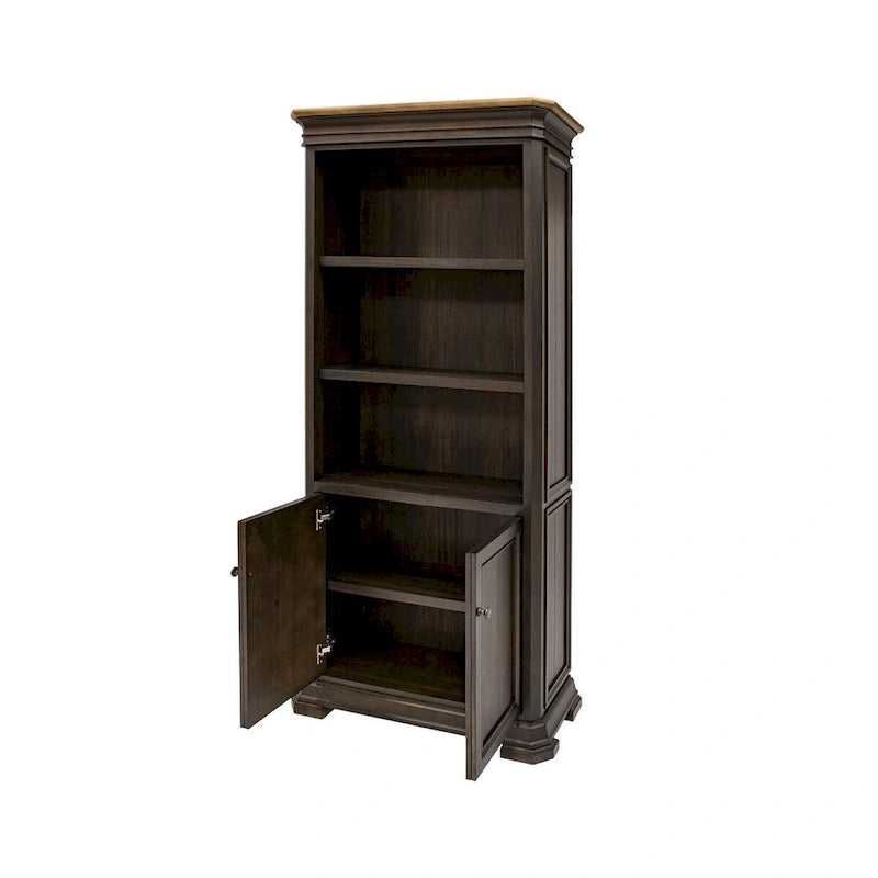 Executive Bookcase with Doors, Dark Brown Wood Finish, Fully Assembled