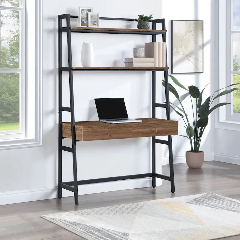 45-Inch Ladder Desk with Graduated Storage Shelves and Two Drawers